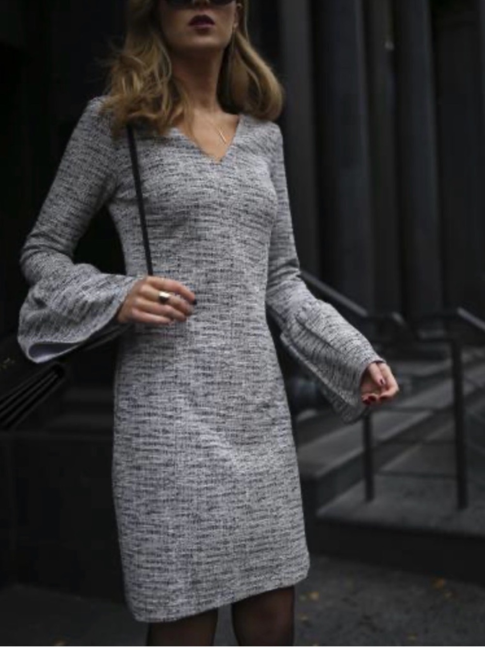 Banana Republic Gray Knit V-Neck Dress with Bell Sleeves